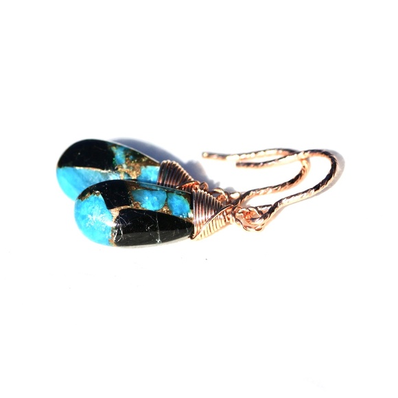 Natural Obsidian Copper Turquoise Earrings Handmade 14k Rose Gold Filled - Picture 12 of 12